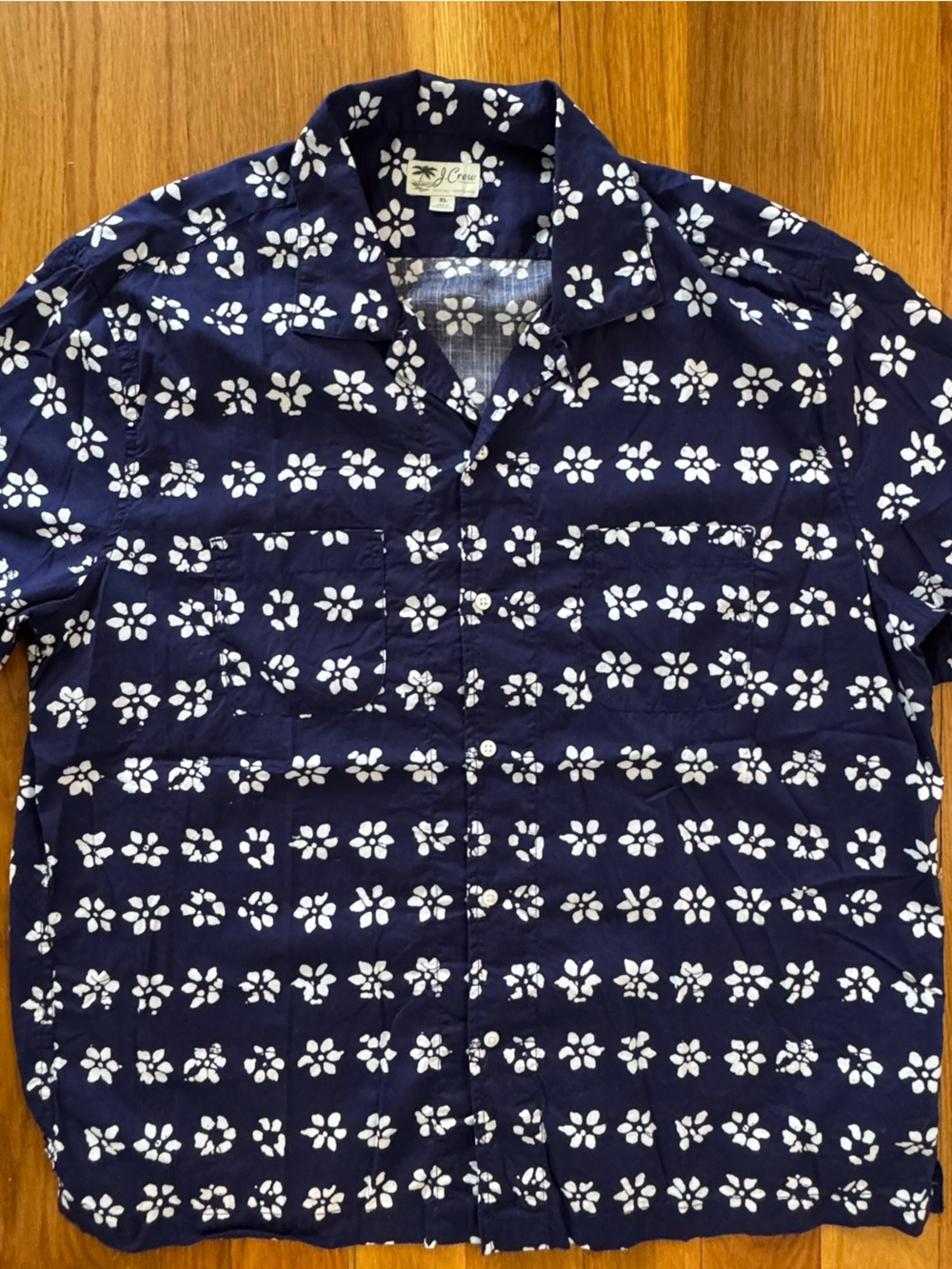 J. Crew Camp Collar Floral Shirt XL Blue White Cuban Collar